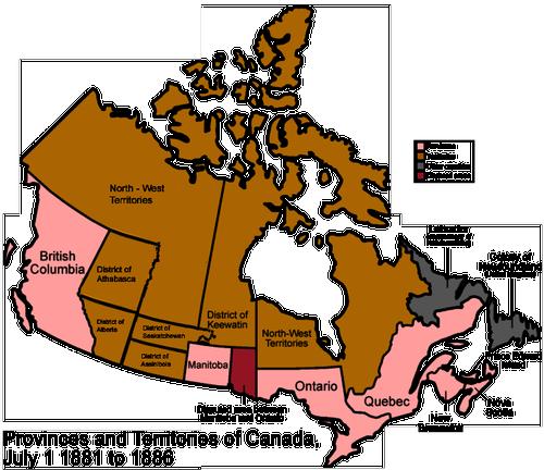 Canadese provincies en territories in de periode 1881-1886 Foto:Golbez Canadese provincies en territories in de periode 1881-1886 Foto:Golbez
