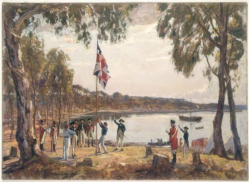 Capt. Arthur Phillip plant vlag in Syney Cove