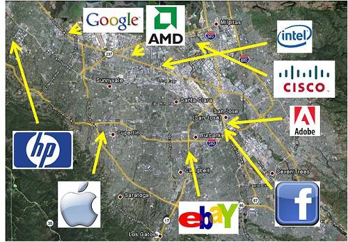 Locatie grote (computer)bedrijven in Silicon Valley, Verenigde Staten
